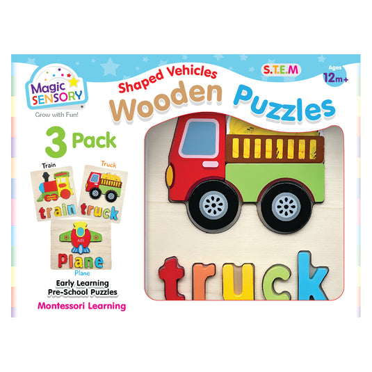 Magic Sensory Shaped Vehicles Wooden Puzzles 3-Pack box front showing truck puzzle with letters