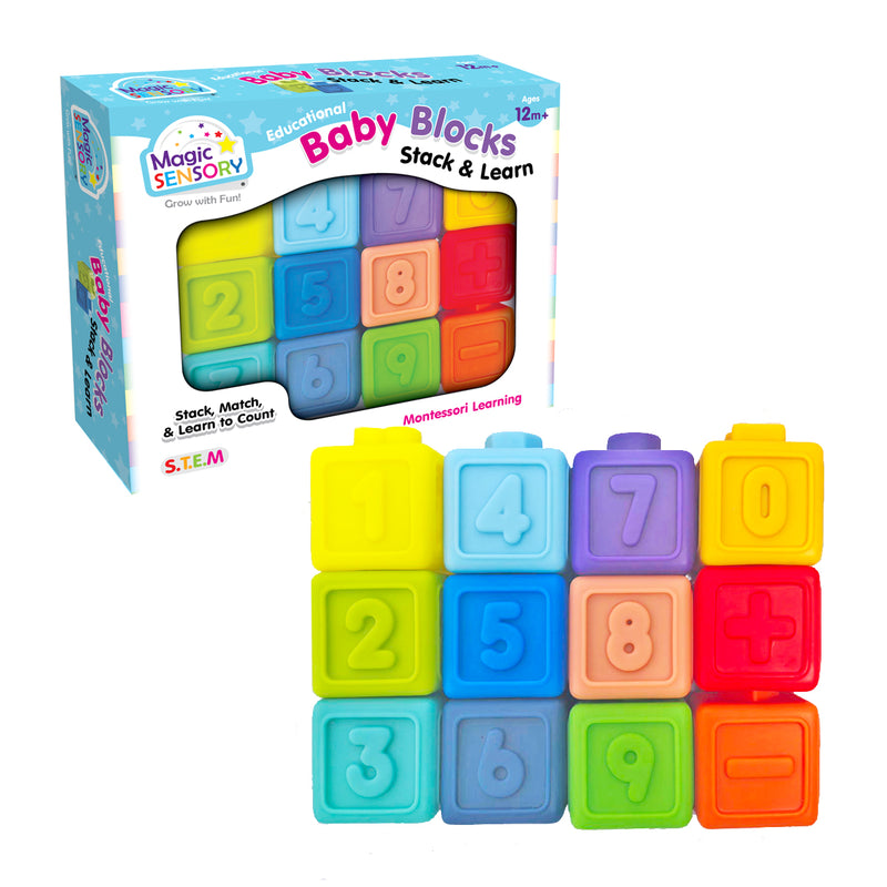 Load image into Gallery viewer, Box of Magic Sensory Baby Blocks 12 piece stacking set with numbered colourful blocks
