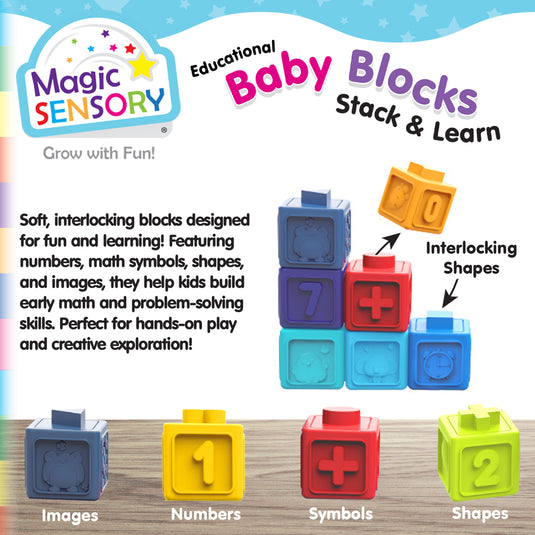 Soft blocks with interlocking shapes showing numbers, symbols and pictures stacked together
