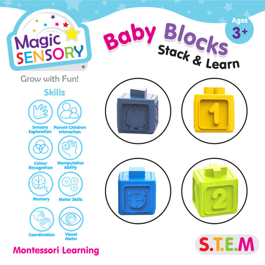 Close up of soft textured blocks showing numbers, symbols and picture designs with skill icons