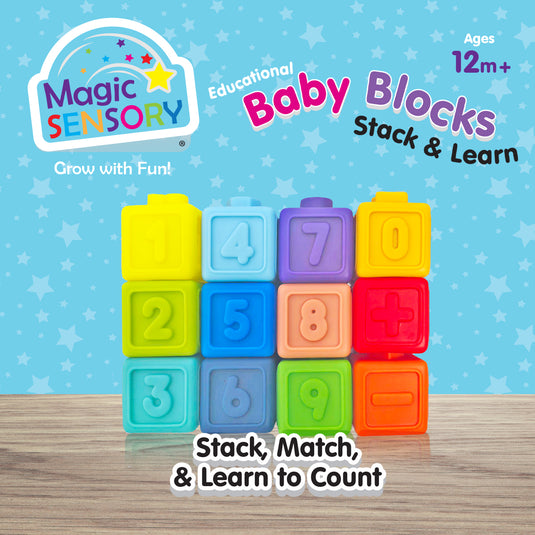 Stack of 12 colourful soft blocks numbered 0-9 plus plus and minus symbols on a blue background