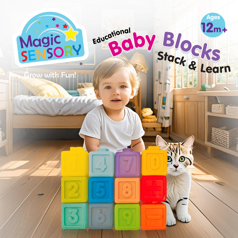 Load image into Gallery viewer, Toddler sitting next to a stack of colourful numbered soft blocks on a wooden floor
