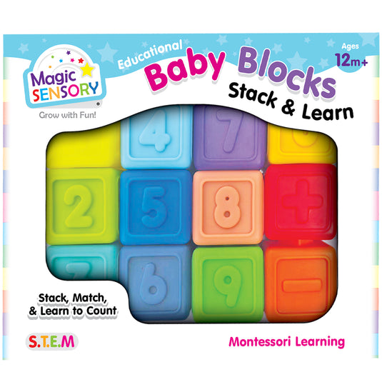 Front view of the product box showing the 12 colourful numbered soft blocks inside