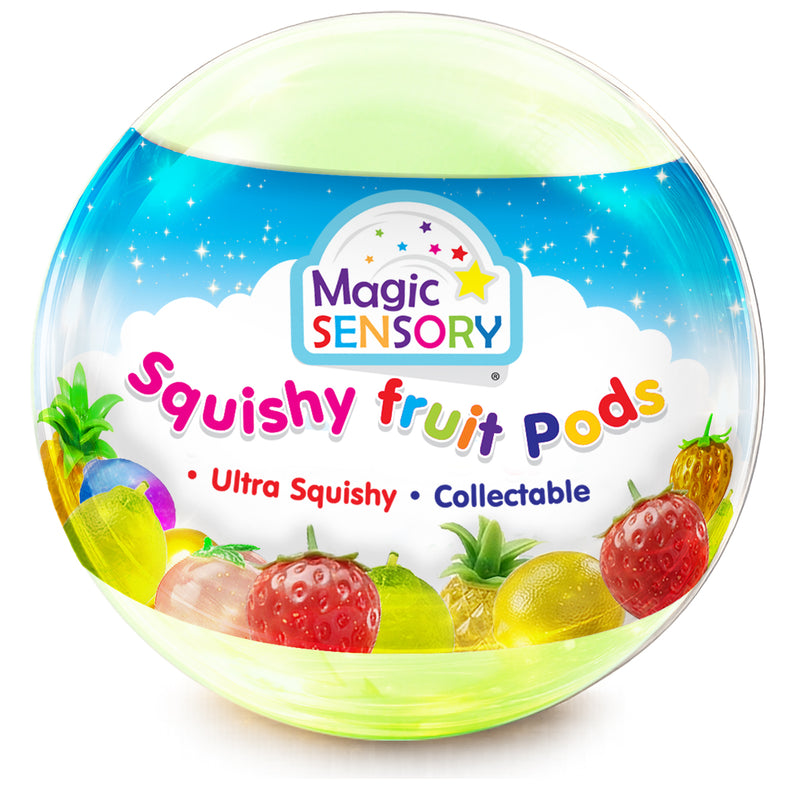Load image into Gallery viewer, Clear mystery pod with green swirl base revealing the colourful squishy fruits packed inside
