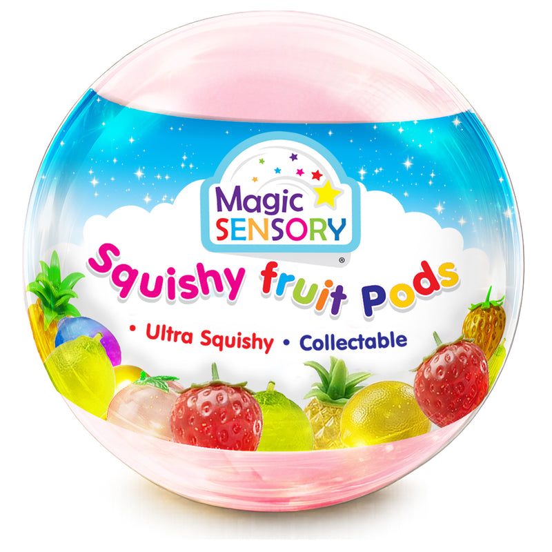 Load image into Gallery viewer, Clear mystery pod with pink swirl base showing the fun fruit shapes visible through the dome
