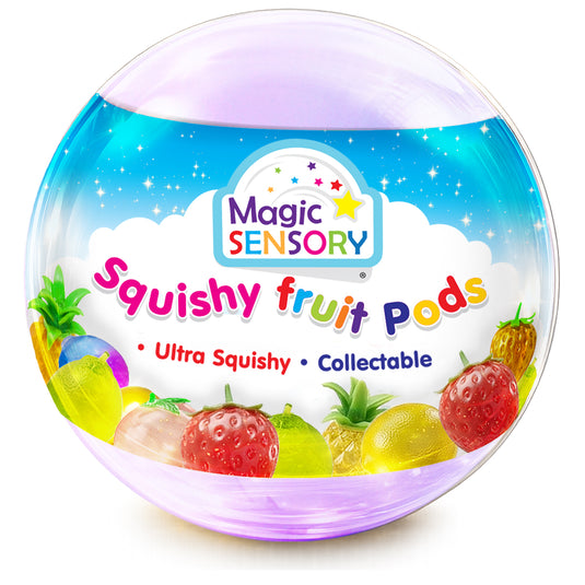 Clear mystery pod with purple swirl base displaying the collectable squishy fruit designs
