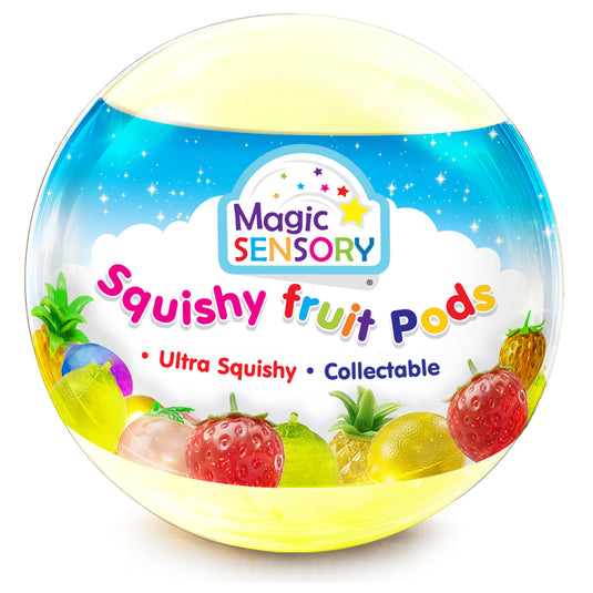 Clear mystery pod with yellow swirl base showing the range of fruit shapes inside