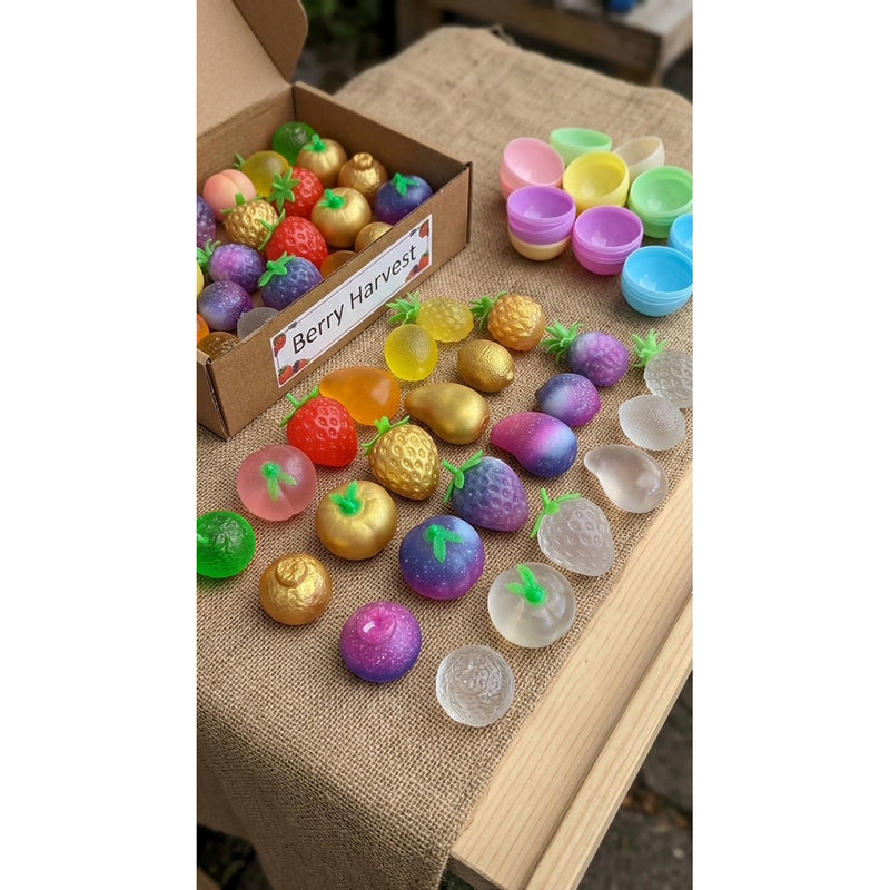 Load image into Gallery viewer, Collection of squishy fruit toys laid out including strawberries, pineapples and rare gold and cosmic designs

