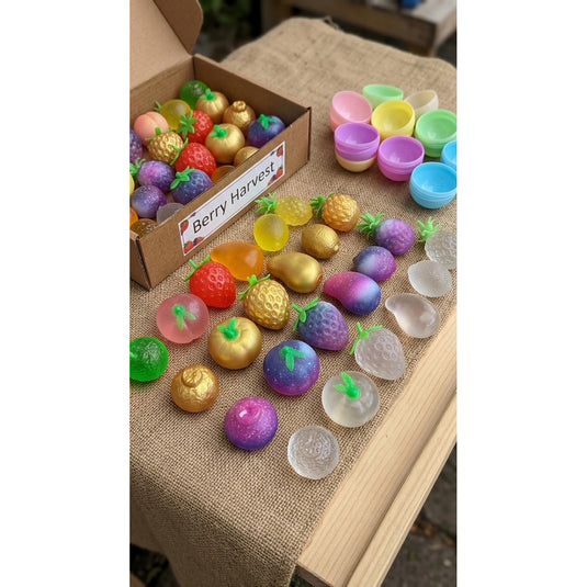 Collection of squishy fruit toys laid out including strawberries, pineapples and rare gold and cosmic designs