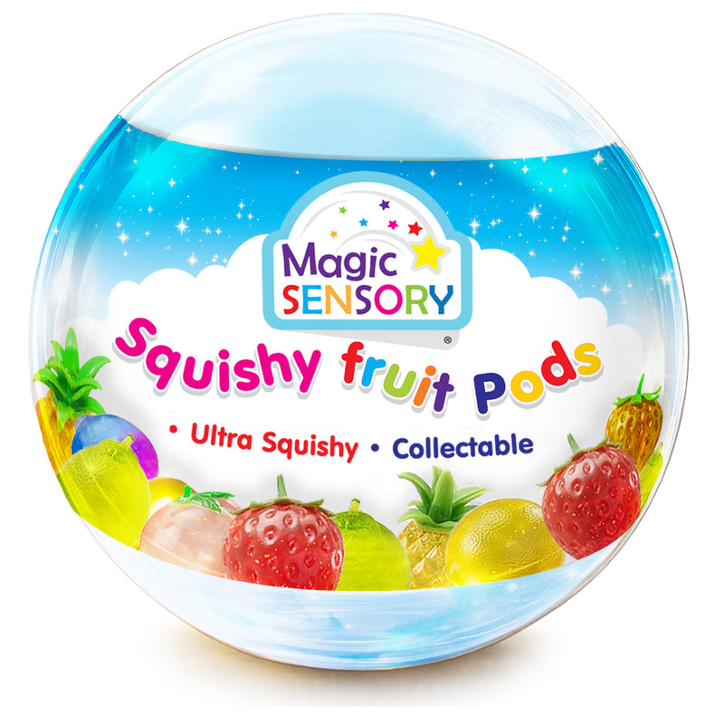 Load image into Gallery viewer, Clear mystery pod with blue swirl base showing assorted squishy fruit designs inside, including strawberry and pineapple
