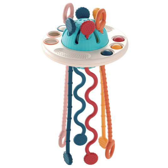 Colourful UFO-shaped teething toy with pull cords, rings and textured balls