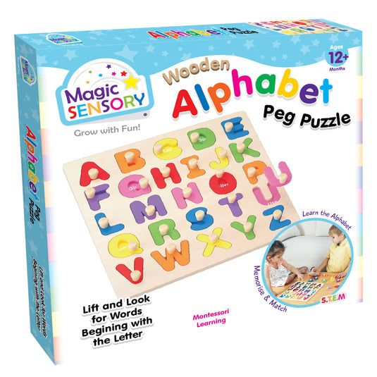 Wooden Alphabet Peg Puzzle box packaging, showing colourful letters and