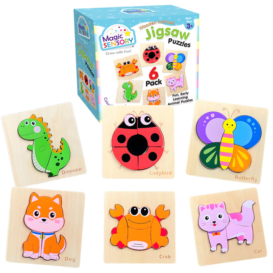 Six wooden animal puzzles laid out next to their packaging box