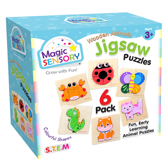 Front view of the Wooden Animal Jigsaw Puzzles 6 pack box