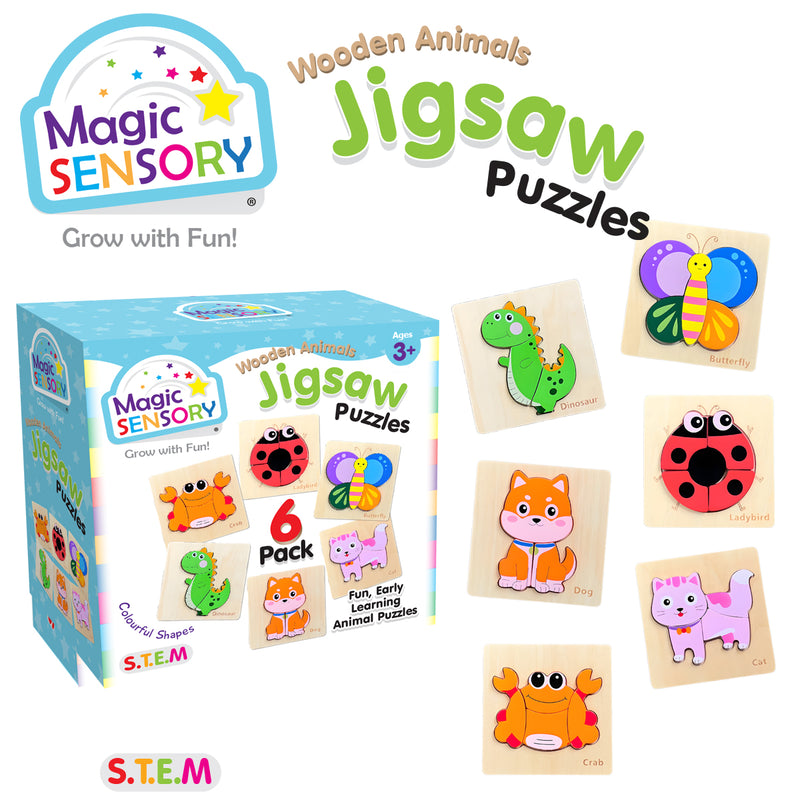 Load image into Gallery viewer, Box and six wooden animal jigsaw puzzles featuring a dinosaur, ladybird, butterfly, dog, crab and cat

