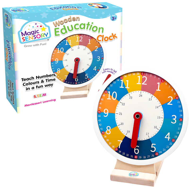 Load image into Gallery viewer, Wooden learning clock product box next to the clock on its wooden stand
