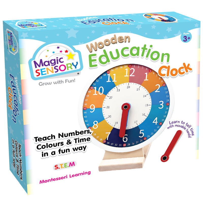Load image into Gallery viewer, Wooden learning clock gift box front view showing colourful clock face design
