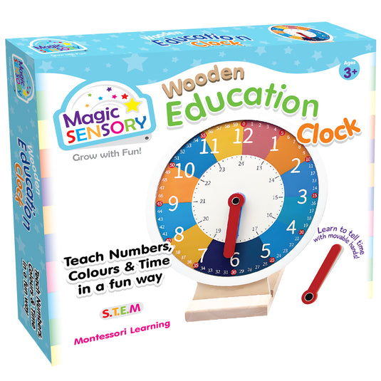 Wooden learning clock gift box front view showing colourful clock face design