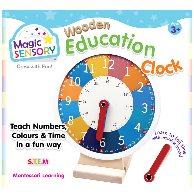 Load image into Gallery viewer, Wooden learning clock shown on packaging with teach numbers, colours and time text

